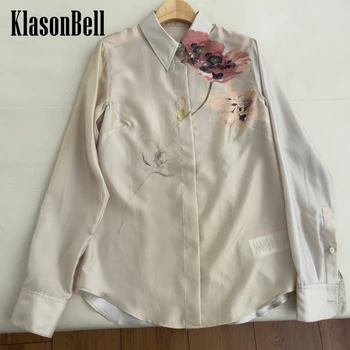 1,15 KlasonBell, Живописный цветочный принт, Потайная грудь, длинный рукав, Элегантная Удобная шелковая блузка, женская блузка