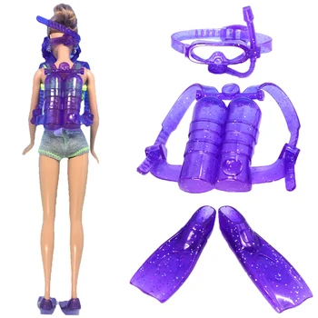 1 Комплект кукольного фиолетового снаряжения для дайвинга, аксессуары, Пластиковый кислородный баллон, Очки для плавания, Ножки для куклы Барби, подарок для девочки 1/6 036A