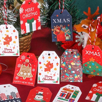 1 комплект Рождественских бирок, бумажные Елочные украшения, Маленькие подвески с веревкой, Цветные печатные открытки, подвески, Рождественские Подарки