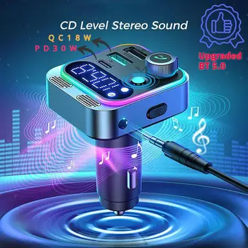1шт Автомобильный Bluetooth 5.2 FM-Передатчик PD Type-C Двойной USB 3.1A Красочный Рассеянный Свет Громкой Связи MP3 Музыкальный Модулятор Плеер