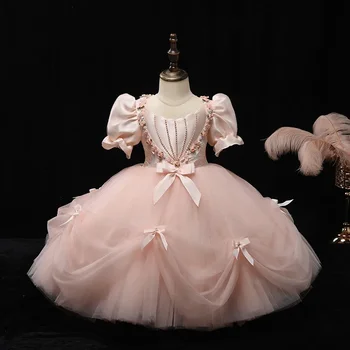 2023 г. Винтажное праздничное платье из бутика для девочек, бальное платье из тюля с цветами, расшитое бисером, детское дизайнерское розовое платье принцессы для подружек невесты