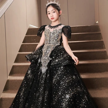 2023 Летнее черное платье с блестками для маленьких девочек на 1-й день рождения, свадебное платье для девочек, вечерние платья дворцовой принцессы, детская одежда