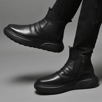 2023 Новая мужская обувь, сохраняющая тепло, мужские ботинки, Модная плиссированная повседневная короткая кожаная обувь с круглым носком, Zapatos