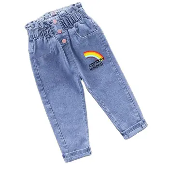2023 новые весенне-осенние джинсовые брюки с мультяшным принтом для девочек с высокой талией, детские джинсовые брюки от 1 до 6 лет