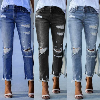 2023 Новые выстиранные женские джинсы с бахромой в Европе и Америке, тонкие брюки-стрейч для ног