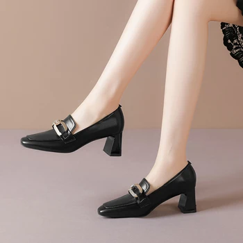 2023 Новый стиль, Новые пикантные женские туфли на высоком каблуке, толстый каблук, Мягкие удобные туфли из лакированной искусственной кожи, универсальные туфли на высоком каблуке с квадратным носком в британском стиле