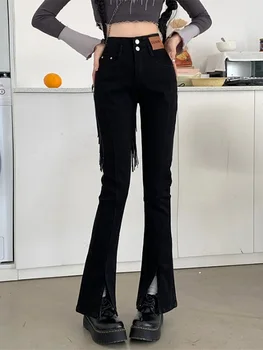 2024 Женские Весенне Осенние Новые Корейские джинсы с разрезом и высокой талией, женские длинные расклешенные брюки, женские однотонные джинсовые брюки Mop S795