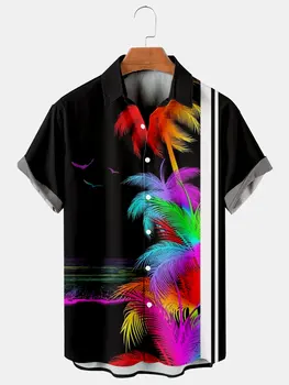 2024 Новая Мужская рубашка с коротким рукавом В Кокосовую полоску С Гавайским принтом И отворотом, Мужские топы Большого размера, Удобная Повседневная Мужская рубашка