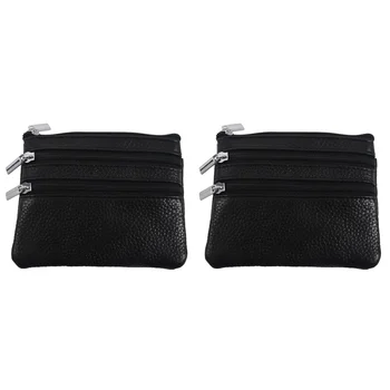 2X Кожаный кошелек для мелочи с 4 карманами и брелоком для ключей для женщин черного цвета