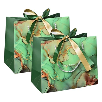 2шт Бумажных подарочных пакетов с бантиком-лентой, подарочных пакетов с ручками на день рождения, свадьбу, Рождество, вечеринку, шоппинг Зеленый
