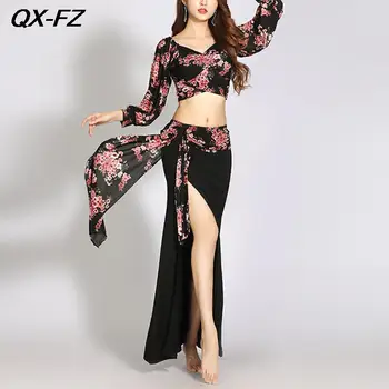 2ШТ Модный комплект одежды для Корейских танцев, Женский костюм для танца живота, топ с V-образным вырезом + Длинная юбка с разрезом, комплект танцевальной одежды