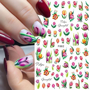 3D Тюльпаны Наклейки для ногтей Красочные цветочные наклейки для дизайна ногтей Цветочные наклейки для ногтей Летние цветы Дизайн ногтей Женские Аксессуары для ногтей