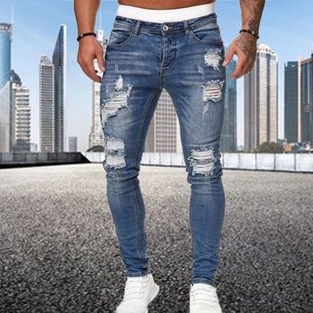 4 Рваные джинсы, однотонные мужские обтягивающие джинсовые брюки-стрейч, синие повседневные модные джинсы в стиле хип-хоп, мужские джинсы для бега S-4XL