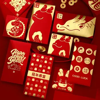 6шт Китайских новогодних красных конвертов 2024 Год Дракона Хунбао, конверты с деньгами на удачу, красный пакет для украшения весеннего фестиваля