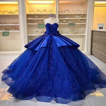 ANGELSBRIDEP Королевские Синие Пышные Платья С Аппликацией Из Бисера И Большим Бантом Sweet 16 Princess Birthday Dress Vestido De 15 Anos