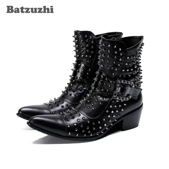 Batzuzhi/ Ботинки в западном стиле, Мужские Кожаные ботинки с заклепками в стиле панк-рок, Мужские Военные Шипы, Мужские Мотоциклетные botas hombre, Большие Размеры EUR38-46