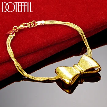 DOTEFFIL 24K Золотой браслет с бантом, Цепочка из трех Змей Для женщин, Шарм, Свадебная Помолвка, Модные Украшения