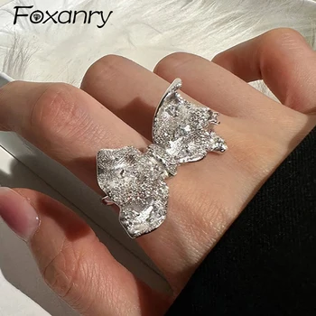 Foxanry Серебряное сверкающее кольцо с цирконом для женщин и девочек, модные минималистичные геометрические украшения с бантом для вечеринок, подарки