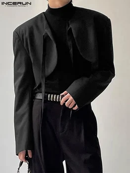INCERUN мужской блейзер неправильной формы, однотонный, на шнуровке, с длинным рукавом, с открытой строчкой, уличная одежда, укороченные костюмы, мужские модные тонкие пальто 2023, S-5XL