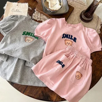 Ins для девочек в корейском стиле, детская футболка с короткими рукавами и юбкой, комплект из двух предметов, летняя мода для малышей