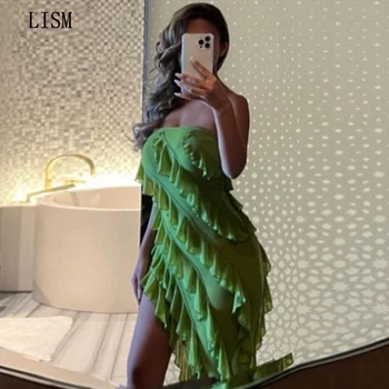 LISM Оливково-зеленые Коктейльные платья без бретелек, Асимметричное Сексуальное Короткое вечернее платье для выпускного вечера, шифон с оборками, большие размеры, сшитые на заказ