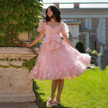 Msikoods, платья для выпускного вечера с розовой цветочной феей, короткие рукава, оборки, платье для выпускного вечера, вечерние платья чайной длины