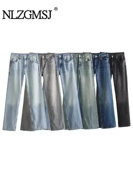 Nlzgmsj TRAF 2023 Новые модные женские брюки со средней посадкой и карманами, джинсы с прямыми штанинами, свободные и удобные джинсовые брюки