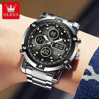 OLEVS 1106 Многофункциональные водонепроницаемые мужские часы с ремешком из нержавеющей стали, спортивные цифровые мужские наручные часы со светящейся сигнализацией