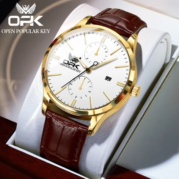 OPK 8159 Новые оригинальные кварцевые мужские часы, классический кожаный водонепроницаемый ремешок, модный простой световой календарь, Деловые мужские часы