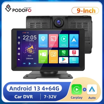 Podofo 9-дюймовый автомобильный видеорегистратор Dash Cam Android 13 Монитор 4 + 64G Экран Carplay Android Автомонитор Видеорегистратор на приборной панели автомобиля
