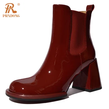 PRXDONG, осенне-зимняя обувь из натуральной лакированной кожи, Женские ботильоны на квадратном каблуке с круглым носком, черно-красные вечерние свадебные туфли