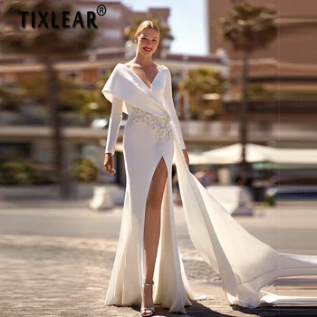 TIXLEAR Vestidos De Novia 2023 Атласное Элегантное свадебное платье с цветами ручной работы, Свадебное платье с длинными рукавами и разрезом сбоку, с открытой спиной
