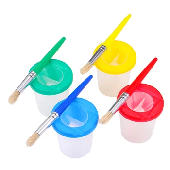 Toyvian 4шт Стаканчики для краски без разлива и 4шт Малярные кисти Ассорти для рисования на вечеринках и школьных занятиях