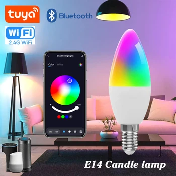 Tuya Smart Life E14 WiFi Bluetooth Умные лампы-канделябры 5 Вт RGB + CW Светодиодная лампа 220 В Лампы с регулируемой яркостью Alexa, Google
