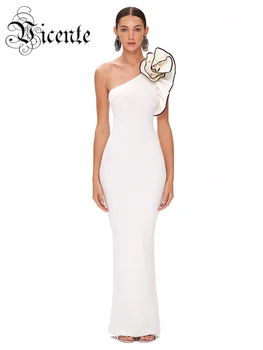 VC Элегантные Платья Для женщин С Красивым 3D Цветком На одно плечо, без рукавов, Белое Бандажное Облегающее Макси-платье
