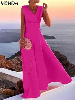 VONDA Летнее женское платье Макси 2023, сексуальный сарафан без рукавов с V-образным вырезом, Однотонный длинный халат для пляжного отдыха, Повседневный свободный халат