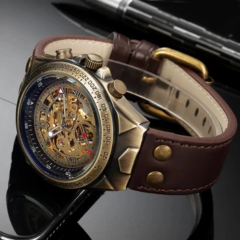 Автоматические механические часы с бронзовым ретро-скелетом для мужчин, светящаяся стрелка, коричневый ремень из натуральной кожи, роскошные брендовые часы в стиле стимпанк