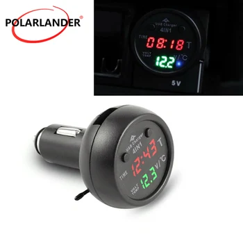 Автомобильный термометр Часы USB зарядное устройство для мобильного телефона светодиодный цифровой термометр Часы Time 4в1 Измеритель напряжения автомобильного зарядного устройства