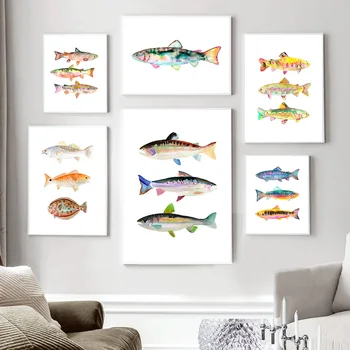 Акварельный плакат с форелью, синяя и зеленая акварельная рыба, художественная картина на холсте с рыбным принтом, Домашний декор, настенная живопись для гостиной