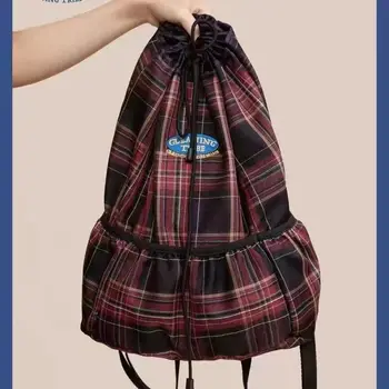 Американский Винтажный Клетчатый Рюкзак с вышитым логотипом Y2k В английском стиле, Опрятная школьная сумка на шнурке, Модная Дорожная сумка, Альпинистская сумка
