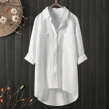 Белая рубашка Женские Повседневные хлопчатобумажные льняные рубашки Блузка Свободное платье с отворотом на шее и пуговицами, Кардиган с длинным рукавом, Пляжная одежда, Блузки