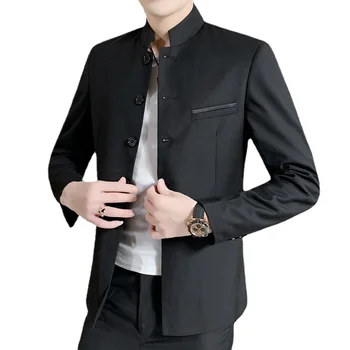 Бренд Qj Cinga, мужской деловой костюм для банкета и вечеринки, пиджак 2023, Новый однотонный блейзер с воротником-стойкой, одежда в китайском стиле