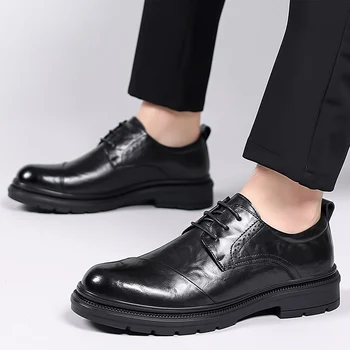Брендовые мужские модельные туфли, Модные мужские деловые туфли на плоской подошве из натуральной кожи, Черные Дышащие Мужские Официальные офисные рабочие туфли