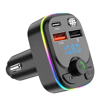 Быстрая зарядка в автомобиле Bluetooth 5.0 FM-передатчик PD 28 Вт Двойной USB 3.4A Красочный рассеянный свет, прикуриватель, музыкальный MP3-плеер
