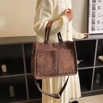 Вельветовая сумка-тоут классическая сумка с несколькими карманами, большая вместительная сумка с верхней ручкой, сумка для поездок на работу, для благородных девушек