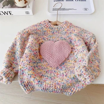 Весенне-зимний детский свитер для маленьких девочек, пуловер, вязаные топы с длинными рукавами в виде сердца на День Святого Валентина, милая одежда для маленьких девочек