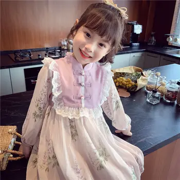 Весенне-летнее платье для девочек Детская юбка в стиле ретро с длинным рукавом из шифона Princess Performance Новые платья с цветами для свадеб
