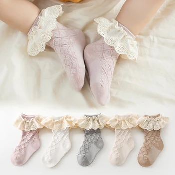 Весенне-осенние хлопчатобумажные носки для детей 0-5 лет, Повседневное платье Принцессы для девочек с кружевными оборками, Прекрасный однотонный носок для младенцев и малышей