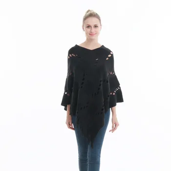 Весенне-осенний клетчатый пуловер с крупной кисточкой, вязаная накидка, модное женское уличное пончо, женские накидки, черные плащи