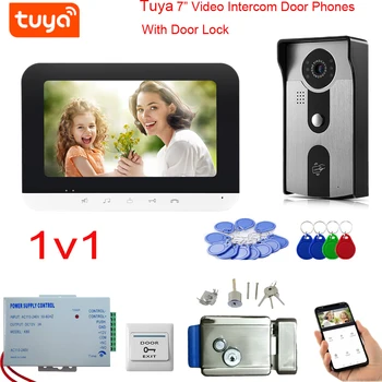 Видеодомофон TUYA WiFi, Дверной звонок, домофон, 7-дюймовый цветной сенсорный кнопочный монитор с проводной камерой, IP55, Водонепроницаемая разблокировка картой прокрутки